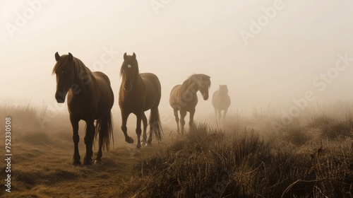Wild horse in the fog  magic scene of wildlife