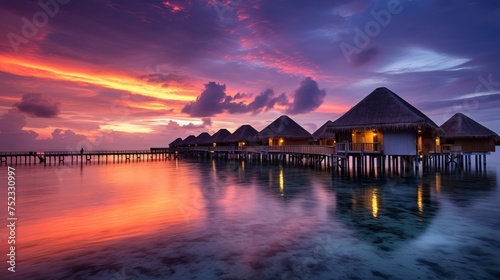 Tranquil Maldivian Sunset: Overwater Bungalows, Ocean Reflections, Romance - Acrylic Painting