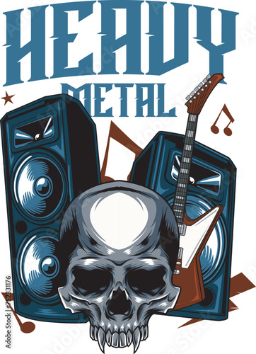 Vector Illustration of Skulls, Guitar and Active Speakers with Hand Drawing Style Available for Tshirt Design