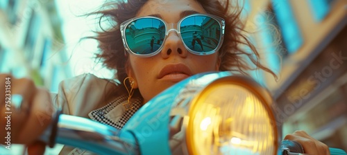 A chic woman enjoys a ride on her scooter, her style and freedom embodied in her transportation choice photo