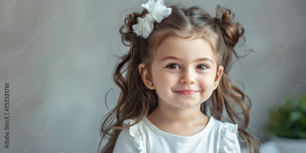 Cheerful Child Girl with White Bow. Portrait of a smiling kid girl with hair bow, exemplifying childhood innocence, children's holiday hair accessories. Cheerful Child Girl with White Bow. Portrait of a smiling kid girl with hair bow, exemplifying childhood innocence, children's holiday hair accessories.