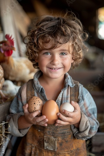 Eggs in the hands of a happy blond boy standing in a chicken coop