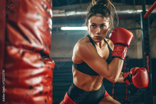 Young woman trains in kickboxing ring with heavy punching bag © Kien