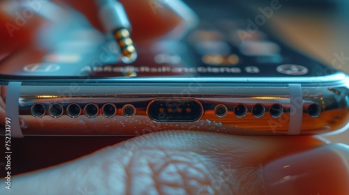 hand connecting earphones jack plug in smart phone