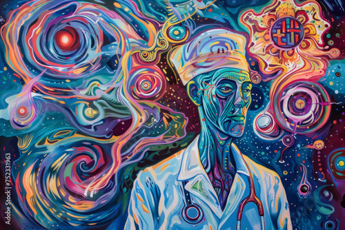 Cosmic Intellect - Vibrant Psychedelic Portrait of a Thoughtful Scientist
