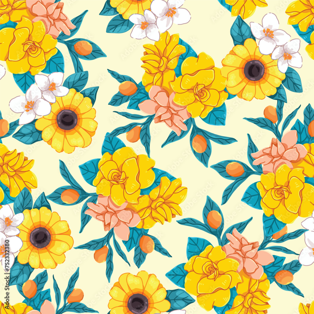 Seamless pattern of flowers, Yellow and blue green tone background, Modern floral pattern, Vintage floral background, Pattern for design wallpaper, Gift wrap paper and fashion prints.