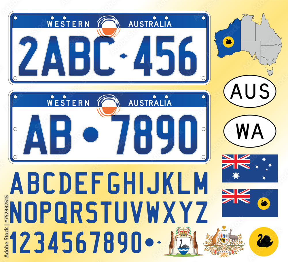 Obraz premium Western Australia car license plate pattern, letters, numbers and symbols, vector illustration, Australia