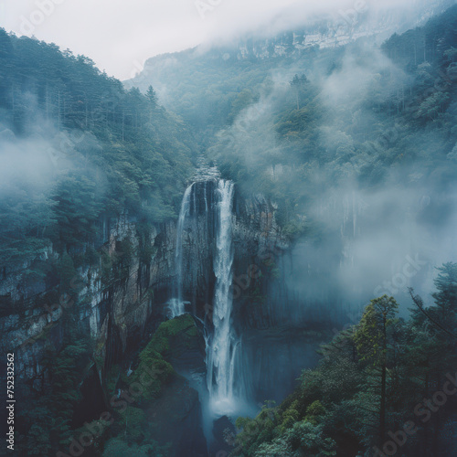 a huge waterfall, high up in the clouds with blue sky, in the style of dark white 