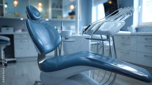 The sleek design of a modern dental chair in a clinic, equipped with the latest tools, exudes a sense of cutting-edge dental technology and patient comfort