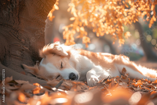 a dog sleeps under a tree