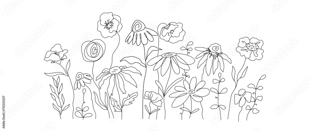 Line art flowers meadow vector, hand drawn wildflower line art, botanical garden line art