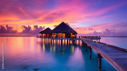 Serene Maldives Sunset: Luxury Resort Villas Against Colorful Sky, Captured with Canon RF 50mm f/1.2L USM