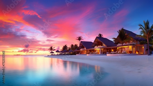 Exquisite Maldives Sunset: Luxury Resort Villas Amidst Colorful Skies, Canon RF 50mm Capture © Nazia