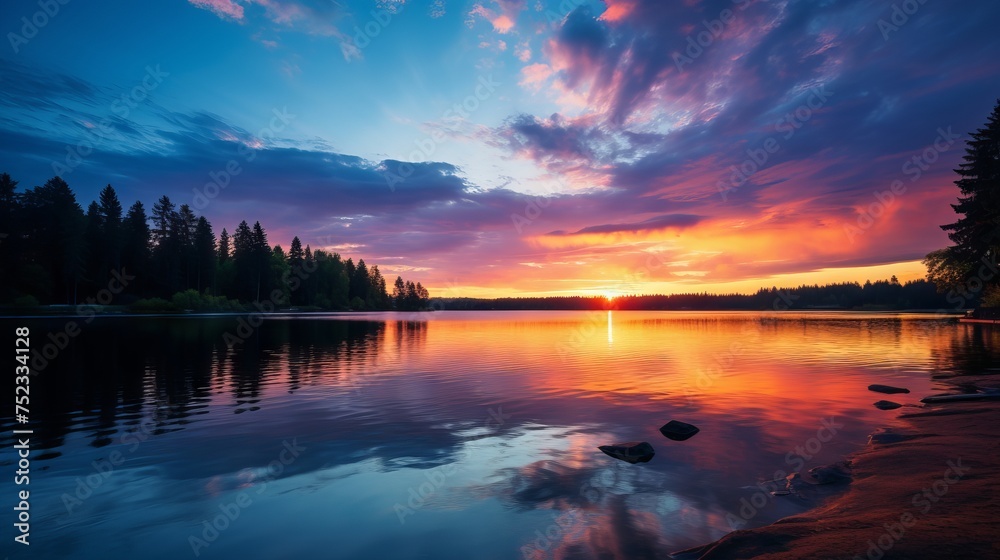 Spectacular Sunset Over Tranquil Lake with Colorful Reflections - Canon RF 50mm f/1.2L USM Captured Scene