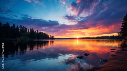 Spectacular Sunset Over Tranquil Lake with Colorful Reflections - Canon RF 50mm f/1.2L USM Captured Scene