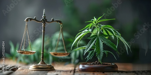 Cannabis Leaf on Scales: Symbolizing Justice and Marijuana Legalization Concept. Concept Legalization, Cannabis, Justice, Scales, Symbolism