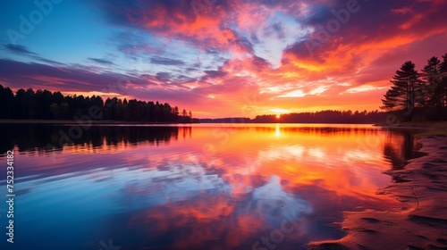 Spectacular Sunset Over Tranquil Lake with Colorful Reflections - Canon RF 50mm f/1.2L USM Captured Scene