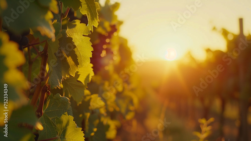 The warm glow of sunset illuminates a lush vineyard, highlighting the rich grape leaves and promising bounty of the harvest season.