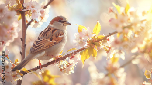 A delicate sparrow perches among the blooming cherry blossoms, a symbol of the joyful chorus that accompanies the arrival of spring.