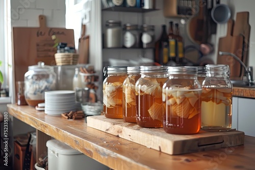 A DIY home kombucha setup with jars of fermenting tea photo