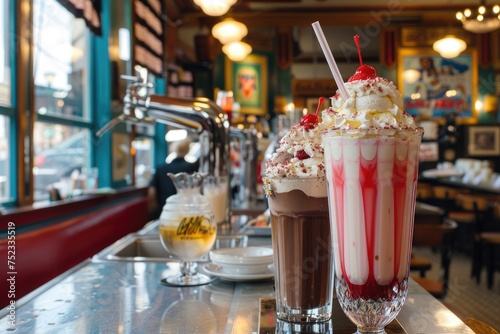 A vintage soda fountain serving classic ice cream floats and malts