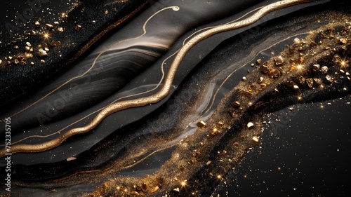 Luxurious Black and Gold Marble Texture with Glitter and Sparkle for Elegant Backgrounds and Designs