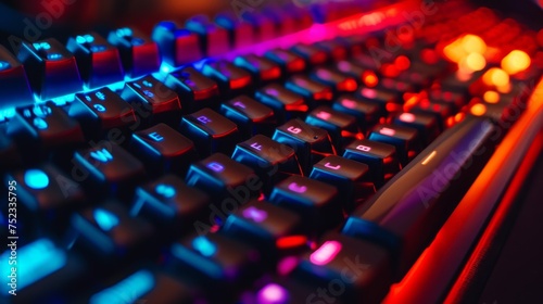 Close up of computer keyboard with blue and red lights, shallow depth of field