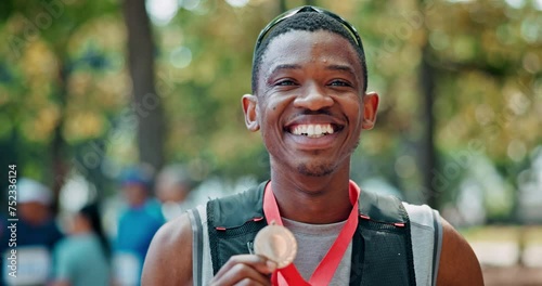 Black man, sportsman and happy face with medal for winning or success, marathon and long distance running. Athlete, achievement and victory for track outdoors, pride and fitness for sprinting race photo