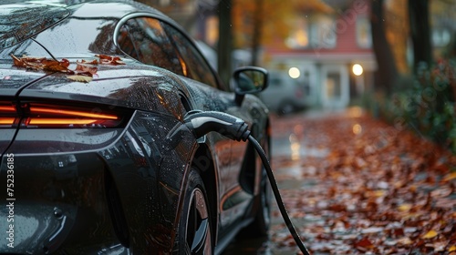 A modern electric vehicle charges on a wet street covered with autumn leaves, highlighting eco-friendly transportation in a residential area. © Vitalii But