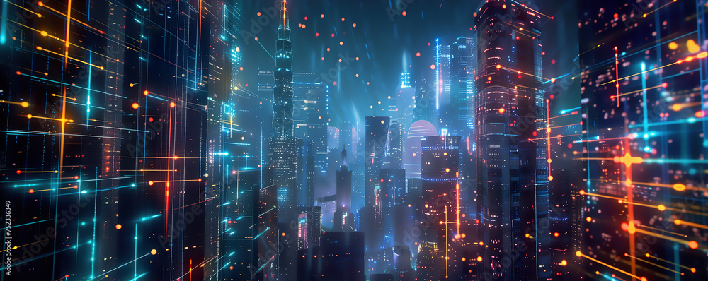 Digital network lines and nodes superimposed on a vibrant night cityscape, symbolizing connectivity