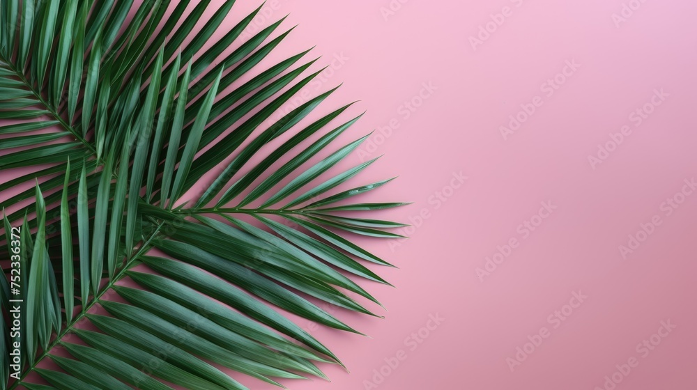 A palm tree with tropical leaves on a pink background with a place to copy text, an even layer of green tropical leaves. The concept of recreation, tourism, and sea travel. A palm tree with tropical leaves on a pink background with a place to copy text, an even layer of green tropical leaves. The concept of recreation, tourism, and sea travel.