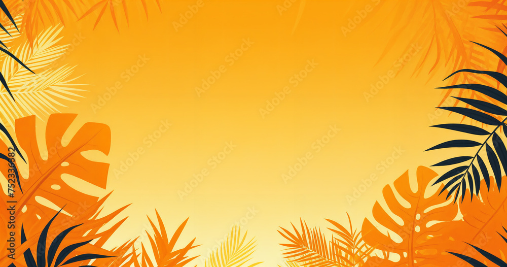 Fototapeta premium a yellow background with palm leaves and a yellow sky in the background with a yellow sky in the middle, generative ai
