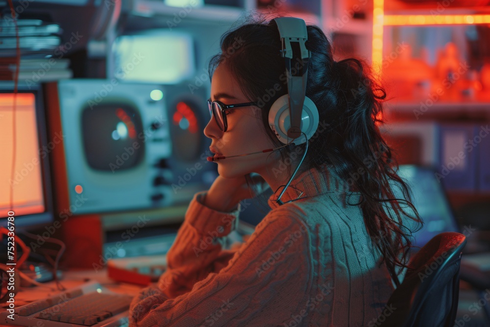 A woman engrossed in work at a computer desk surrounded by equipment in a vibrant setting A woman engrossed in work at a computer desk surrounded by equipment in a vibrant setting