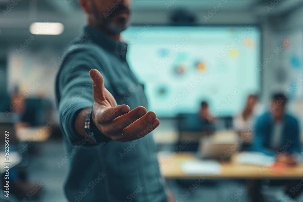 Inviting Gesture Close Up Man Hand Welcoming to Business Team Inviting Gesture Close Up Man Hand Welcoming to Business Team
