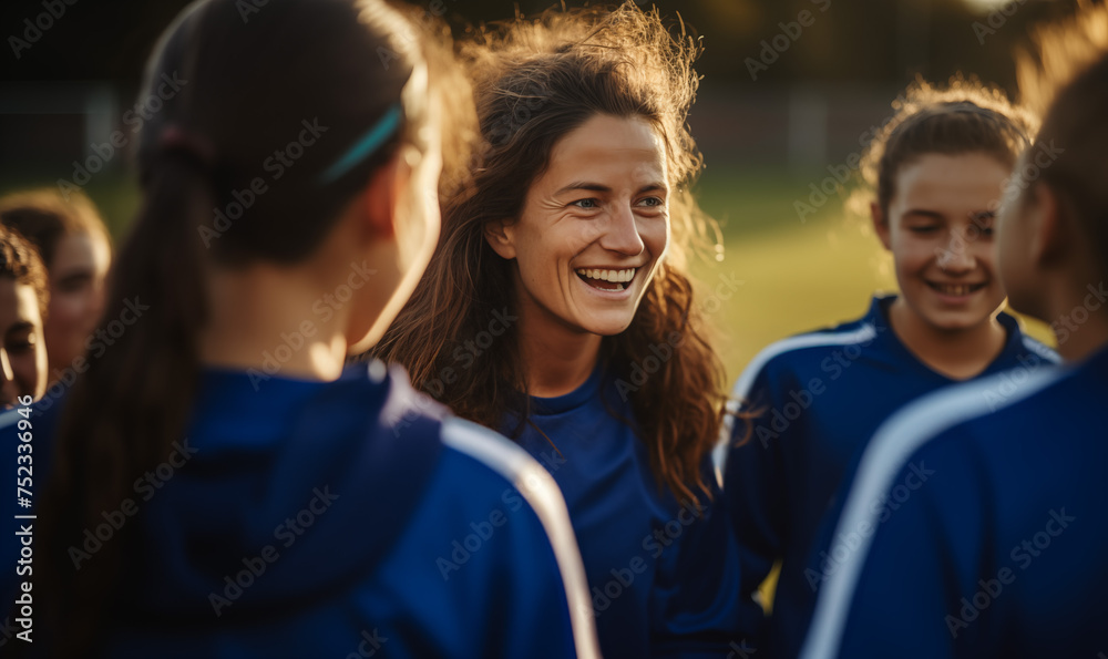 Woman Female Coach Girls Sports Team Huddle Woman Female Coach Girls Sports Team Huddle