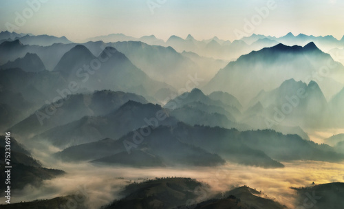 silhouettes of morning mountains. foggy morning in the Carpathians. Mountain landscape © sergnester