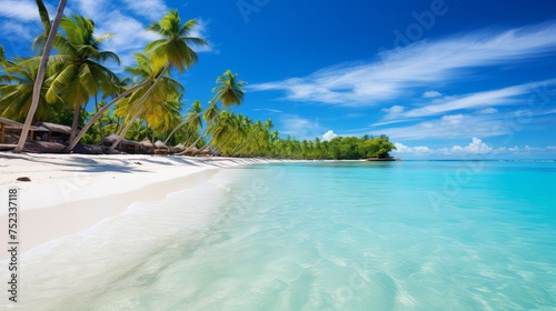 Fototapeta Naklejka Na Ścianę i Meble -  Tropical Paradise: White Sand Beach, Palm Trees, Turquoise Waters - Canon RF 50mm Captured