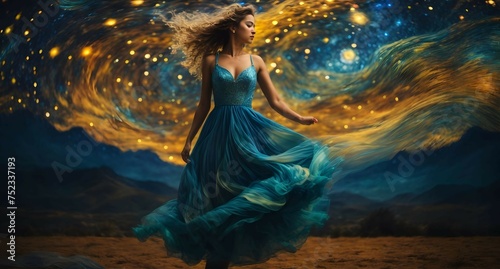 Girl Dancing in a Dreamlike Blend of Van Gogh's Starry Night and Dalí's Celestial Precision