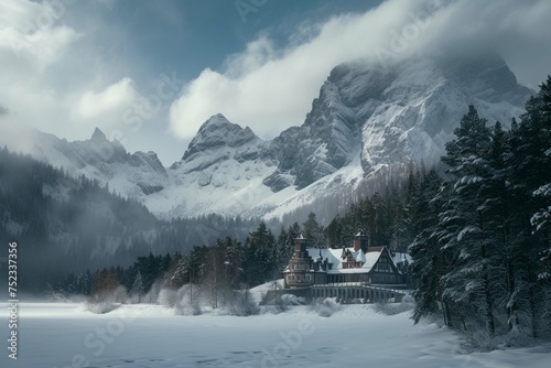 Woods and mansion near snow covered mountain under cloudy sky