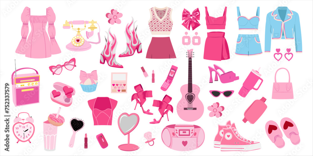 Pink doll set with clothes, shoes and accessories. Pink doll set with clothes, shoes and accessories.
