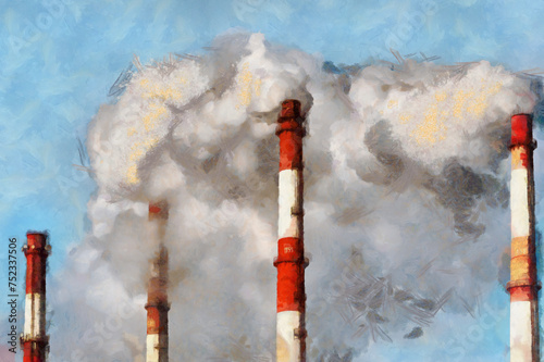 Illustration of the Red and white chimneys of a boiler with smoke against a blue sky in sunny day