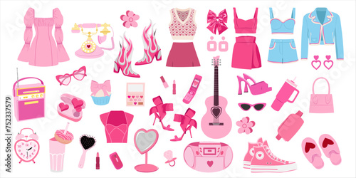 Pink doll set with clothes, shoes and accessories. 