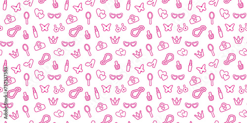 seamless, pink pattern. background with contour details for a girl. Shoes, lipstick, earrings, glasses, jewelry, heart. Print on textiles, paper, banner. art modern illustration. png