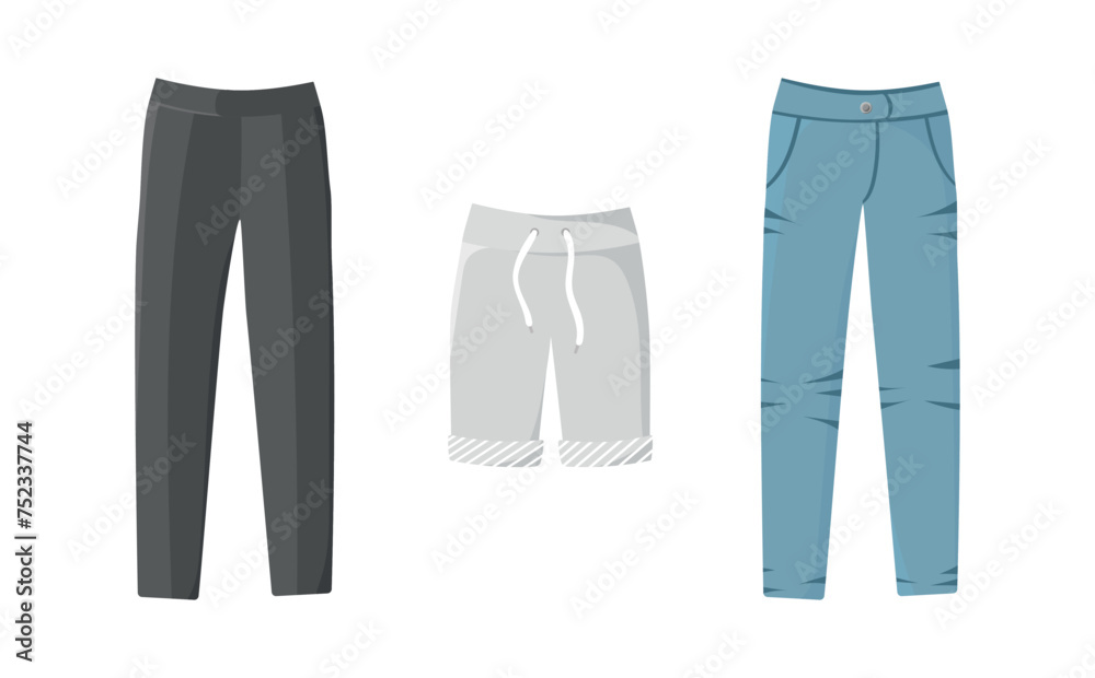Collection of men’s pants. Black, grey, blue trousers. Set of stickers. Card. Flat art. Vector illustration. Clothes. Fashion. Lifestyle. On a white background. Collection of men’s pants. Black, grey, blue trousers. Set of stickers. Card. Flat art. Vector illustration. Clothes. Fashion. Lifestyle. On a white background.