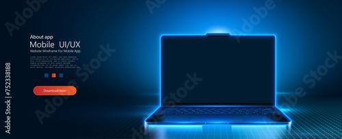 A portable neon computer with blank screen and a desk in a dark room with blue lighting. Striking image featuring a laptop with neon blue light on a digital grid, symbolizing cutting-edge technology.