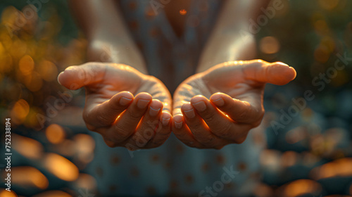 A woman is holding her hands open, with her fingers spread wide. Concept of warmth, openness, generosity and faith  photo