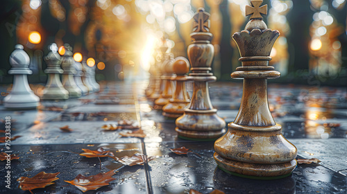 In the blur, a wooden chessboard sets the stage for a battle of intellect and strategy.