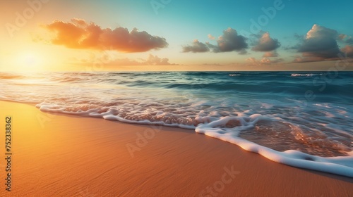 Panoramic Tropical Beach Sunset: Tranquil Seascape with Golden Sand and Calm Sky - Vacation Travel Banner