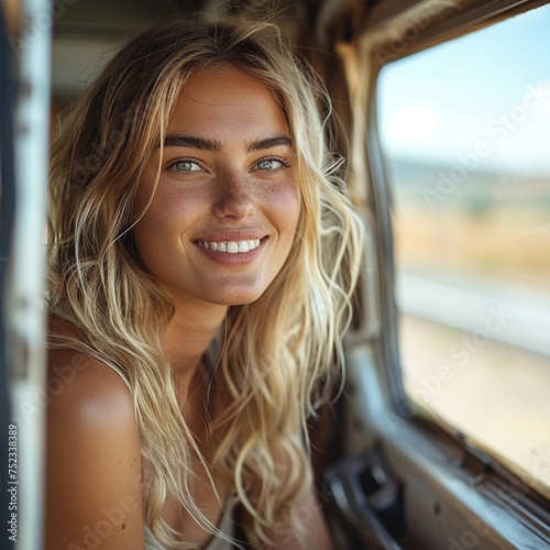 Free Download portrait of a cute smiling woman leaning out of the car window at a sunny day ai technology - GFXLoad