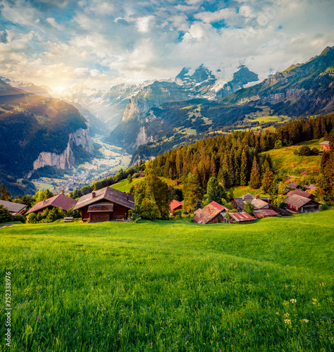 Sunrise on Wengen village. Green pasture in Swiss Alps, Bernese Oberland in the canton of Bern. Majestic dawn in Switzerland, Europe. Beauty of countryside concept background..